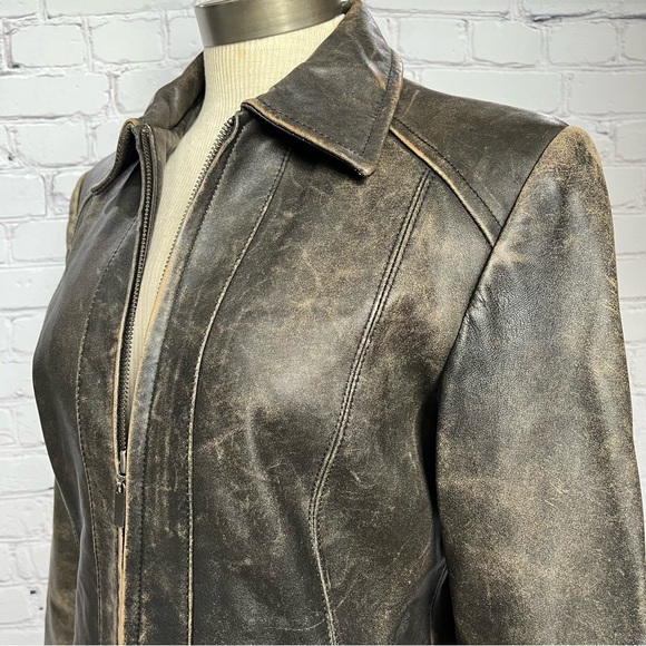 Vintage Valerie Stevens Zip Up Leather Jacket Fully Lined Distressed Brown Sz S - Picture 2 of 14